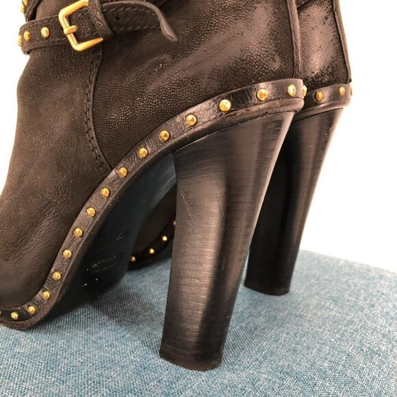 Miu Miu Black Leather Heeled Booties w Gold Studs and Studded Belt Detail size 8 - Picture 4 of 12